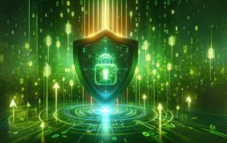A green shield surrounded by binary code symbolizing cybersecurity protecting businesses from hackers