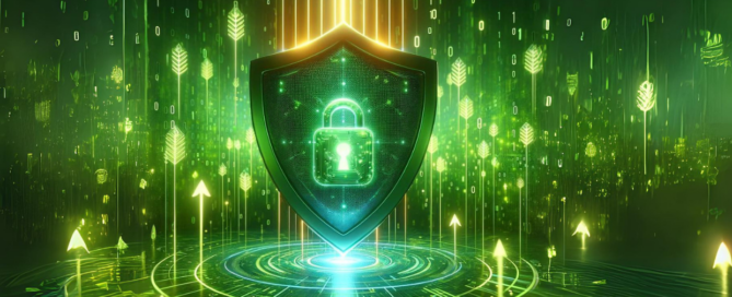 A green shield surrounded by binary code symbolizing cybersecurity protecting businesses from hackers