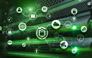 Digital illustration showing managed IT services icons, secure data flow, cloud, and cybersecurity connections in action.